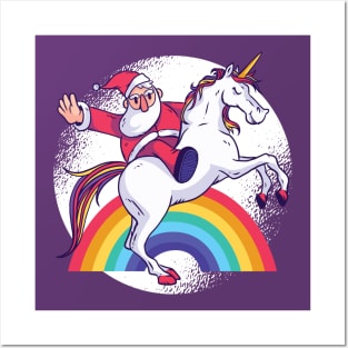 Santa Riding A Unicorn with Rainbow Posters and Art